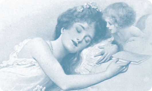 ilustración mujer durmiendo con un ángel o musa que permanece a su lado